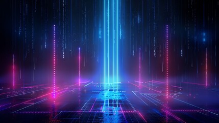 A vibrant digital landscape featuring glowing lines and neon lights in an abstract cyberpunk style. Ideal for tech-related themes. Stage for product presentation.