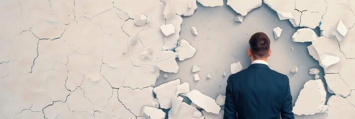 A businessman in a suit standing in front of a cracked and broken wall, symbolizing a breakthrough or overcoming challenges in business or personal growth.