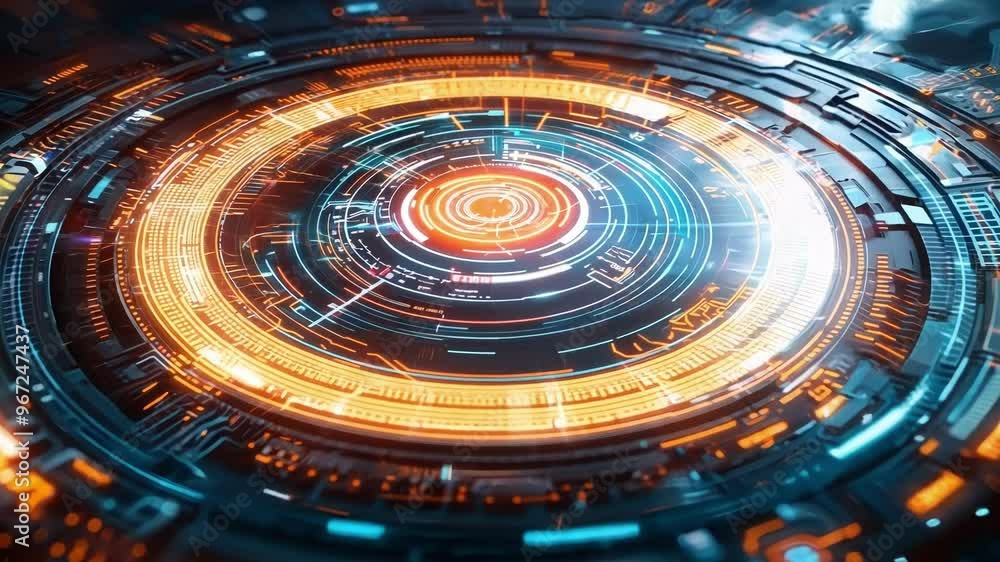 Aufkleber futuristic digital interface processes financial data with glowing lights and circles, symbolizing c