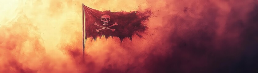 Pirate flag, tattered and waving in the wind, eerie atmosphere, Watercolor style
