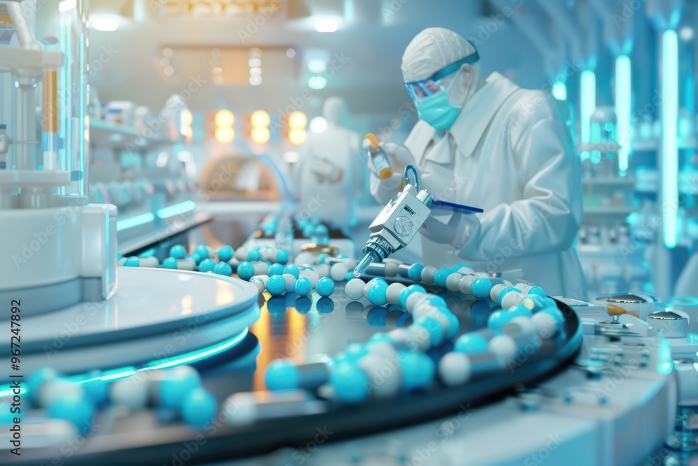 Poster a scientist examines molecular structures in a futuristic lab, showcasing advanced technology and pr