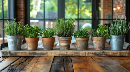 Fototapeta premium Assorted Potted Plants Arranged on Wooden Shelf by Sunny Window