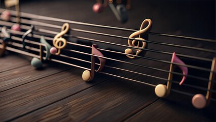 Stylized Musical Notes and Staves on Wooden Surface