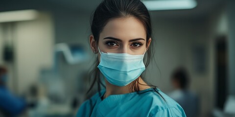 A focused female medical professional in a surgical mask. She wears scrubs and looks confidently at the camera. This image captures the essence of healthcare and dedication. AI