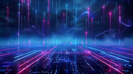A vibrant digital landscape showcasing colorful light trails against a dark, atmospheric backdrop, ideal for futuristic themes. Stage for product presentation.