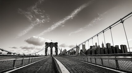 Generative AI, A black and white image of the Brooklyn Bridge with the New York City skyline in the background