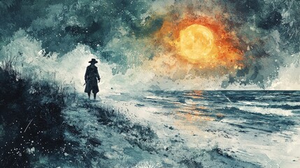 Obraz premium Pirate ghost, wandering a deserted beach, lost in time, Watercolor style