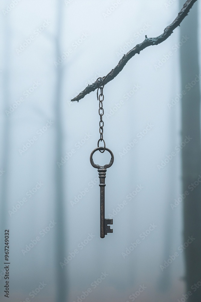 Aufkleber a close-up of a spooky old key hanging from a twisted tree branch in a misty forest. the key's myste