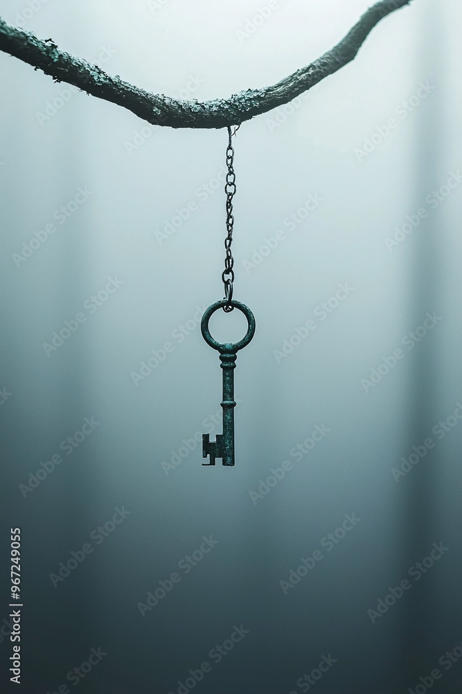 Poster a close-up of a spooky old key hanging from a twisted tree branch in a misty forest. the key's myste