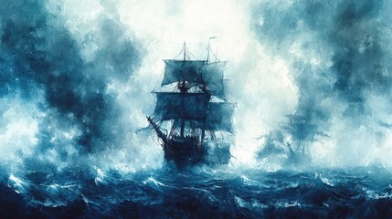 Pirate ship under attack by ghostly sea creatures, eerie ocean, Watercolor style