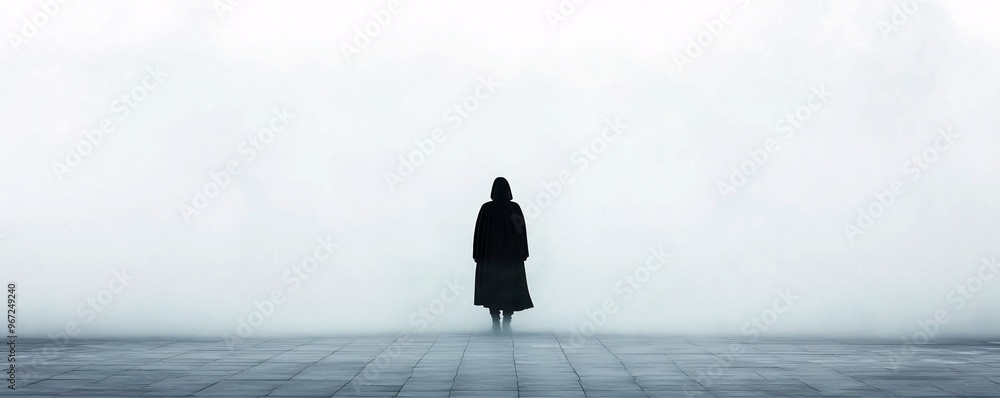 Poster a mysterious silhouette of a figure in a cloak walking through a foggy graveyard. the image is fille
