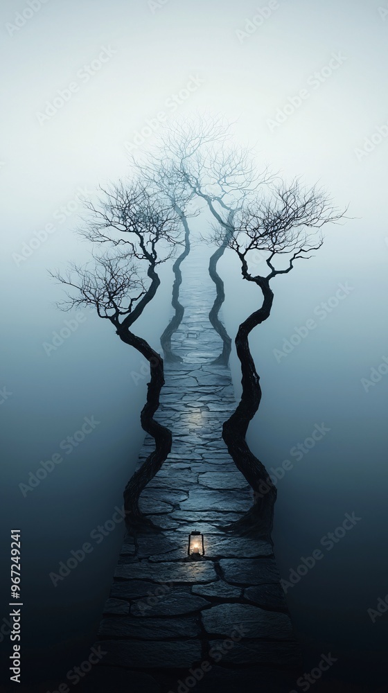 Poster an eerie pathway lined with old, twisted trees and illuminated by a single lantern. the dark, foggy 