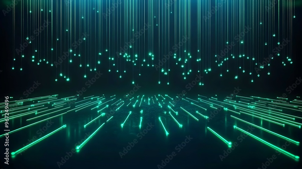 Poster a vibrant digital landscape with glowing lines and floating particles, perfect for technology and fu