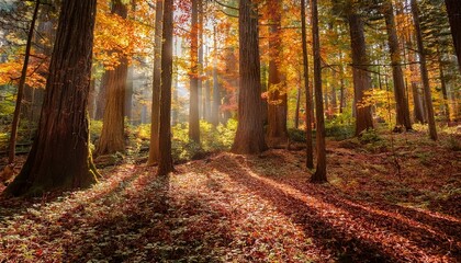 Obraz premium A dense forest with towering trees, their leaves a brilliant mix of gold, orange, and red.