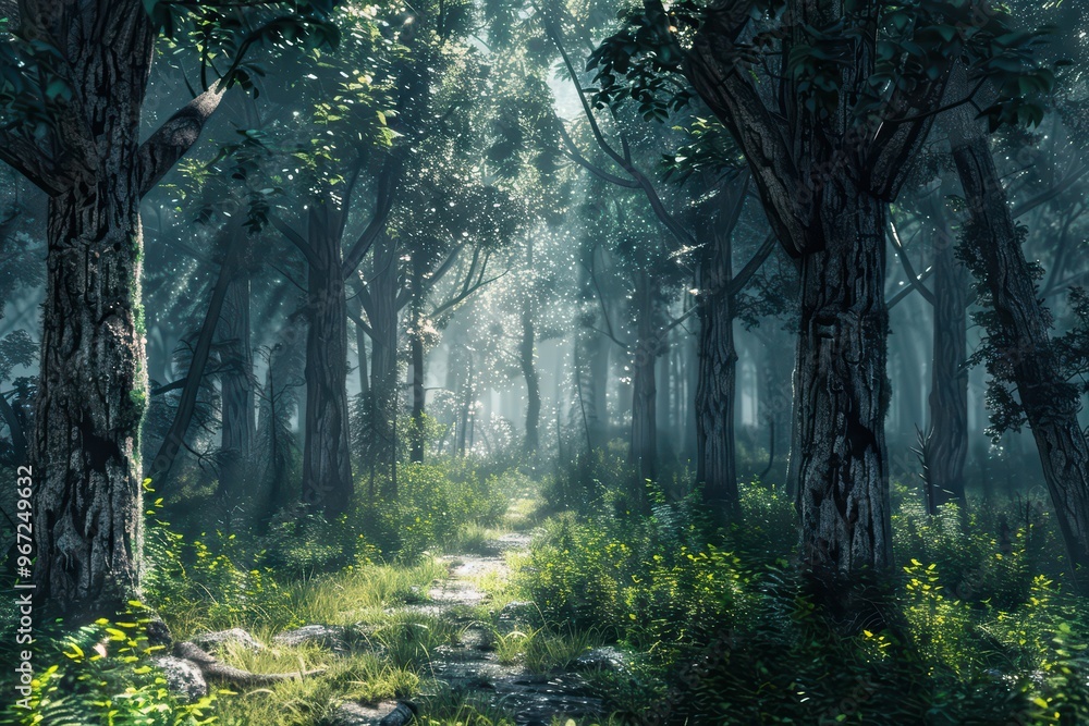 Poster a tranquil forest scene with sunlight filtering through dense trees, creating a serene and mystical 