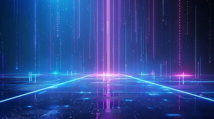 A vibrant digital landscape with glowing lines and particles, creating a futuristic and dynamic atmosphere. Stage for product presentation.