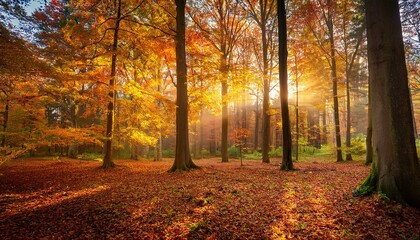 Fototapeta premium A dense forest with towering trees, their leaves a brilliant mix of gold, orange, and red.