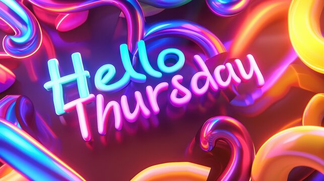 A vibrant, colorful digital artwork featuring the text 'Hello Thursday' surrounded by swirling neon patterns.