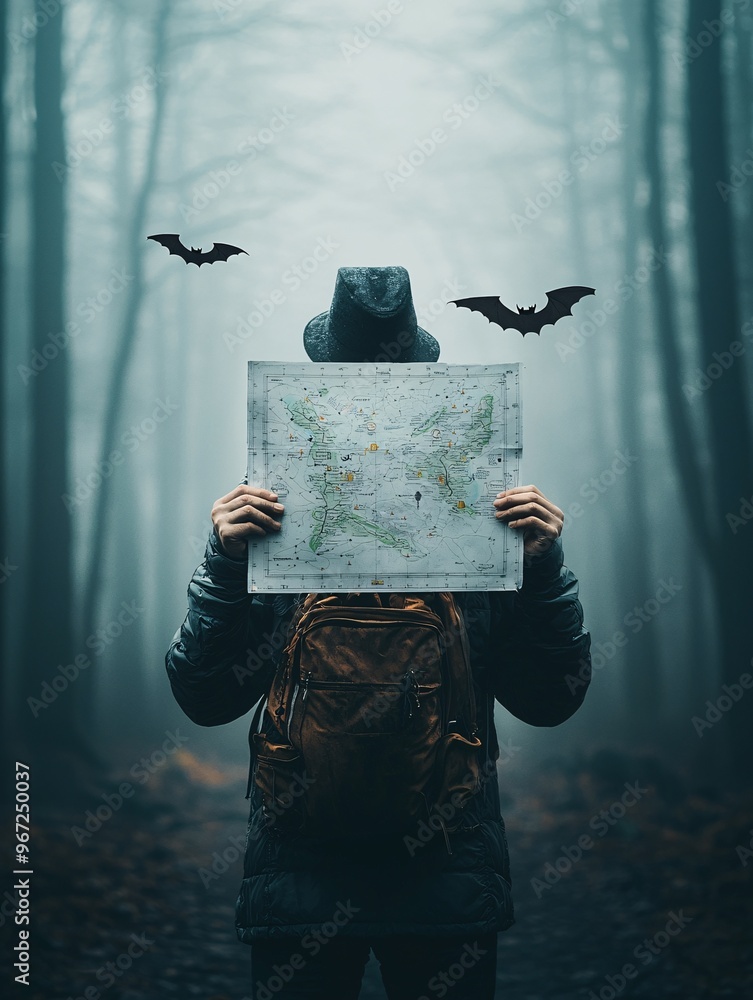 Poster an explorer holding a map with halloween-themed safari routes marked with spider webs, bats, and pum