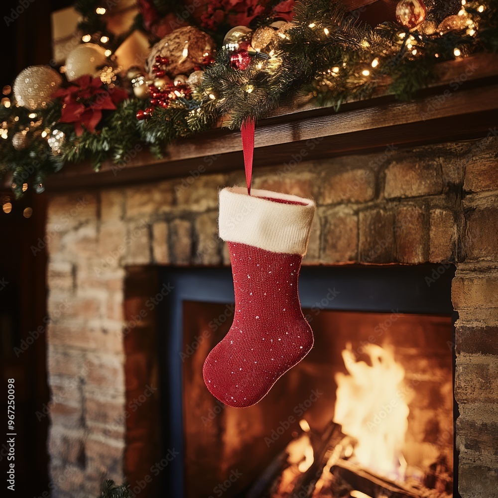 Sticker Red Christmas stocking hanging by a fireplace with flickering flames and decorations.