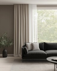 Modern Living Room with Black Leather Sofa and Cream Curtains