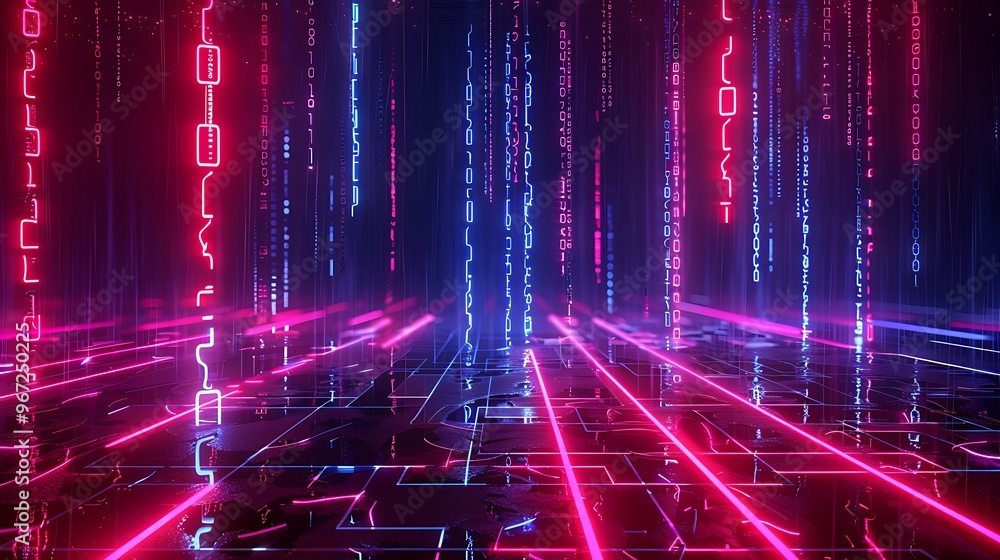Poster a vibrant digital landscape with neon lines and glowing binary code, perfect for technology and futu