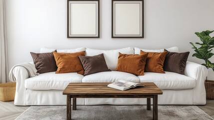 Modern Living Room Interior Design with White Sofa and Wooden Coffee Table