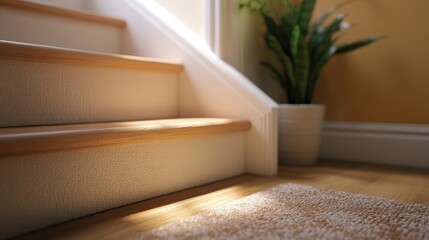 Fototapeta premium Close Up of Modern Wooden Staircase with Natural Light and Area Rug
