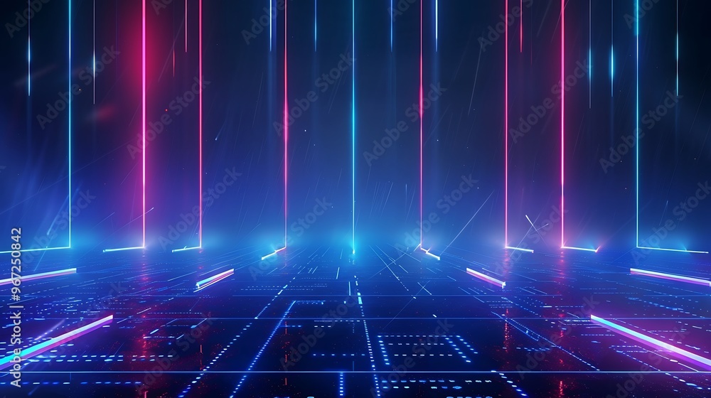 Poster a vibrant, futuristic scene with neon lights and digital patterns creating a dynamic atmosphere for 