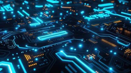 Obraz premium A vibrant close-up of a futuristic circuit board with glowing blue elements, showcasing advanced technology and digital innovation.