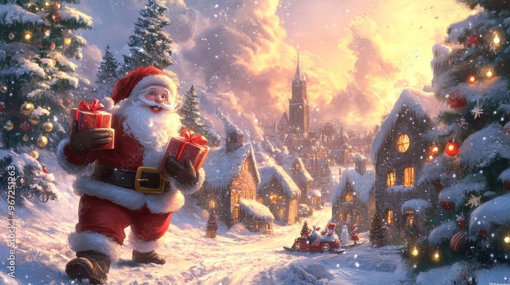 Poster Santa Claus delivers gifts in a snowy Christmas village.