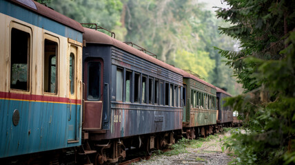 Obraz premium A photo of an old train with a few cars. The train is parked next to a track near a dense forest. The cars are old and rusty, with peeling paint and broken windows. The background is blurred, showing 