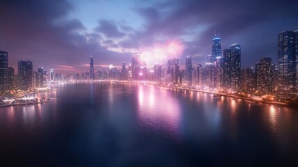 Fototapeta premium Fireworks Over Modern City Skyline at Dusk Reflecting on Water