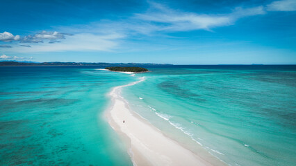 Aerial view of Nosy Iranja Island showcasing pristine waters and sandy beach pathway in Madagascar during daylight