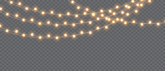 Christmas lights on a transparent background. Christmas light PNG. Set of Christmas glowing garlands. For advertising invitations, web banners, postcards. Vector. Christmas decoration, LED lam	