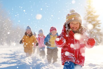 Children Playing and Running in Snow on a Bright Winter Day Outdoors