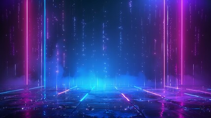 A vibrant neon backdrop featuring glowing lines and a misty ambiance, perfect for futuristic and technology-themed projects. Stage for product presentation.