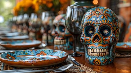 Fototapeta premium Colorful Mexican Dia de los Muertos Skull Ceramic Tableware and Decor