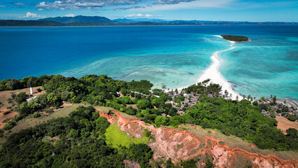 Aerial view of Nosy Iranja Island showcasing vibrant waters and lush greenery in Madagascar