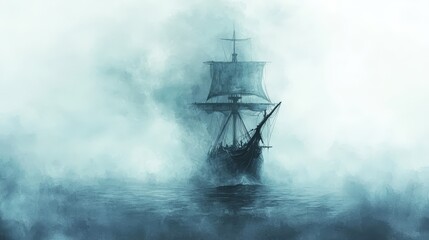 Fototapeta premium Spectral pirate ship emerging from fog, cursed sea, eerie atmosphere, Watercolor style