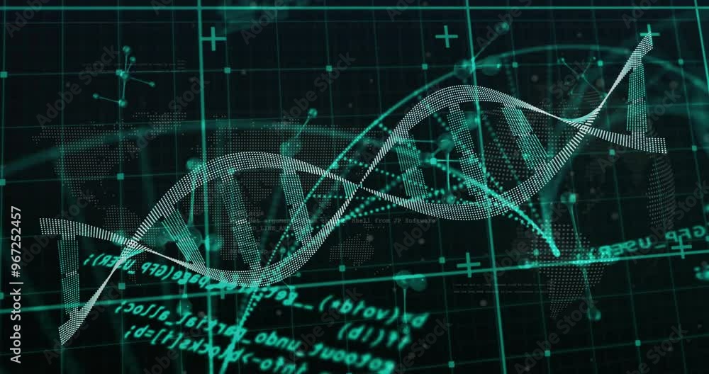 Poster animation of data processing over dna strand and molecules on black background