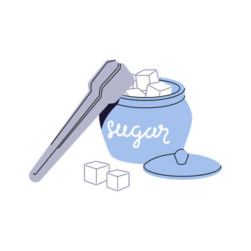 recommend clip art: Blue bowl with cubes of sugar. Ceramic jar with lid, sugarbowl. Pottery dish with tongs. Kitchen utensil, kitchenware for storage products. Flat isolated vector illustration on white background
