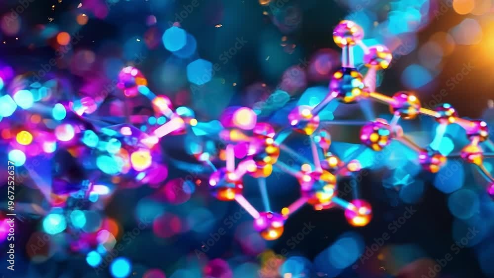 Poster captivating hologram of colorful molecules forming a futuristic structure, blending science, technol