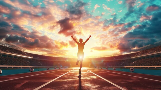 A victorious athlete celebrates at sunset in a stadium, showcasing triumph and dedication in sports.