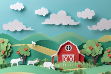 Naklejka premium A whimsical paper cut-out scene featuring a vibrant farm, rolling hills, animals, and a charming red barn under a blue sky.