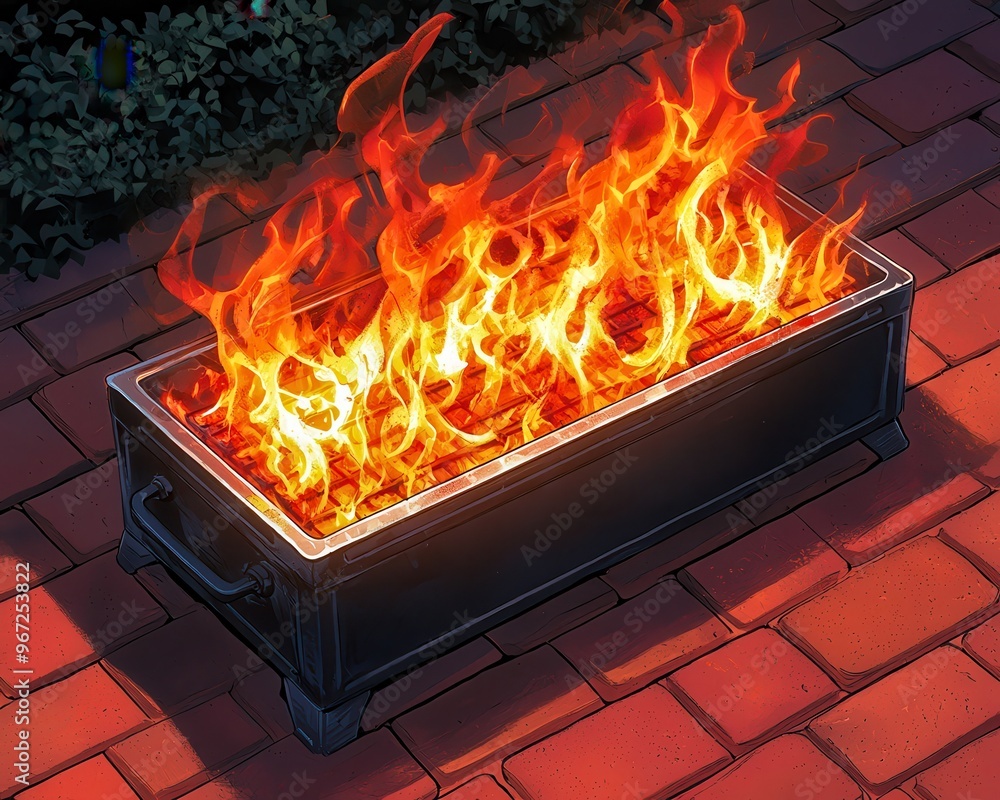 Poster a spectacular view of vibrant flames dancing in a metal container on a paved surface, creating a war