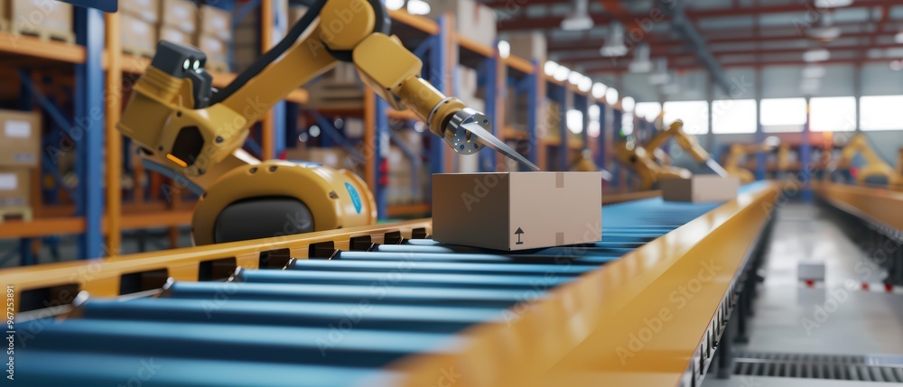 Aufkleber advanced robotic arm sorting packages on a conveyor belt in a modern warehouse setting, showcasing a