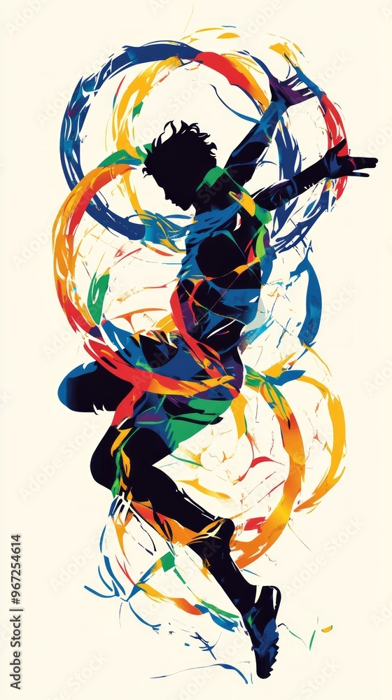 Poster Silhouette of a dancer leaping through vibrant, colorful rings.