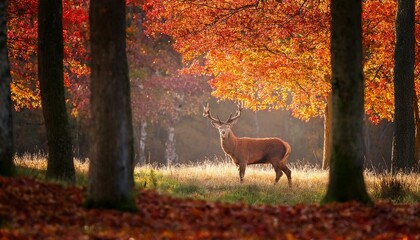 A graceful deer standing alert in a clearing in the autumn woods, surrounded by trees with colorful leaves.