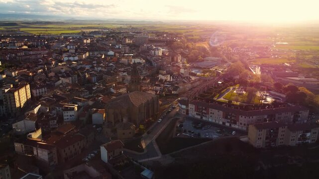Aerial view of Haro town at sunset in La Rioja, Spain. High quality 4k footage